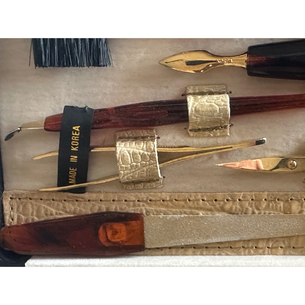 Vintage Travel Manicure Pedicure Makeup Brush Set Brown Faux Croc Case 10 pc - Picture 10 of 16